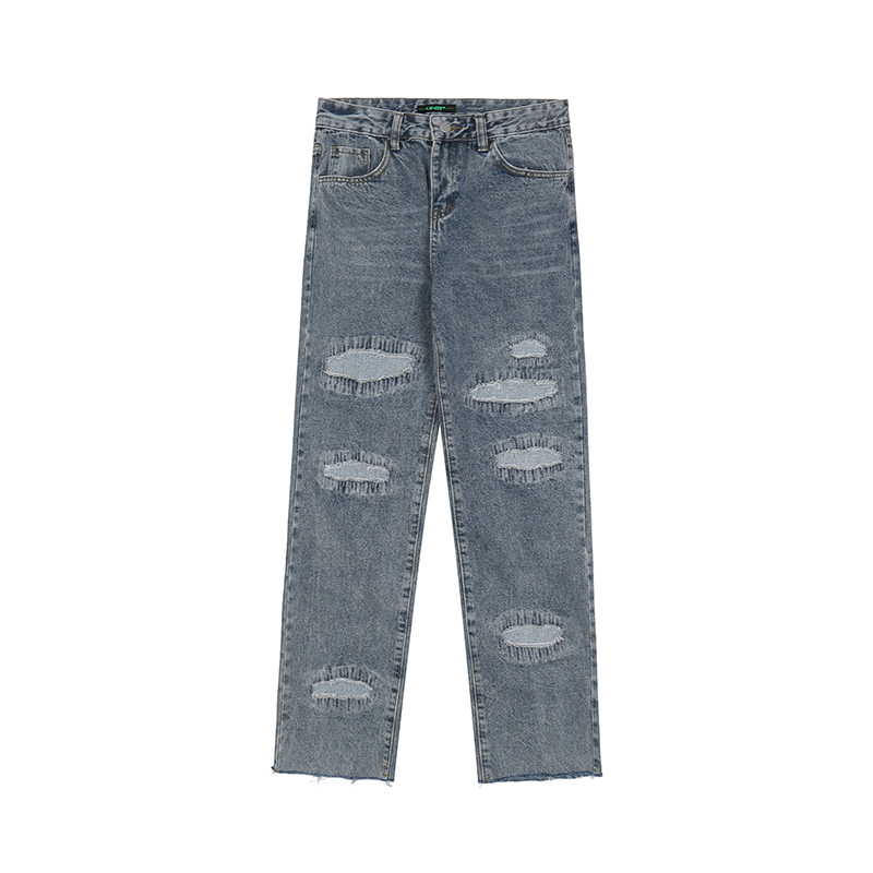 Pantalones vaqueros informales lavados con agujeros rasgados para hombre, ropa de calle con bolsillos de llama en la espalda, Jeans rectos de pareja, pantalones vaqueros sueltos de Hip Hop: AsianM