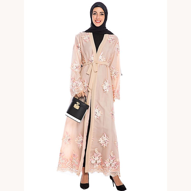 Abaya – Robe longue en dentelle brodée pour femmes, style musulman, modeste, dubaï, nouvelle , Cardigan, jupe Kimono: Khaki / XL