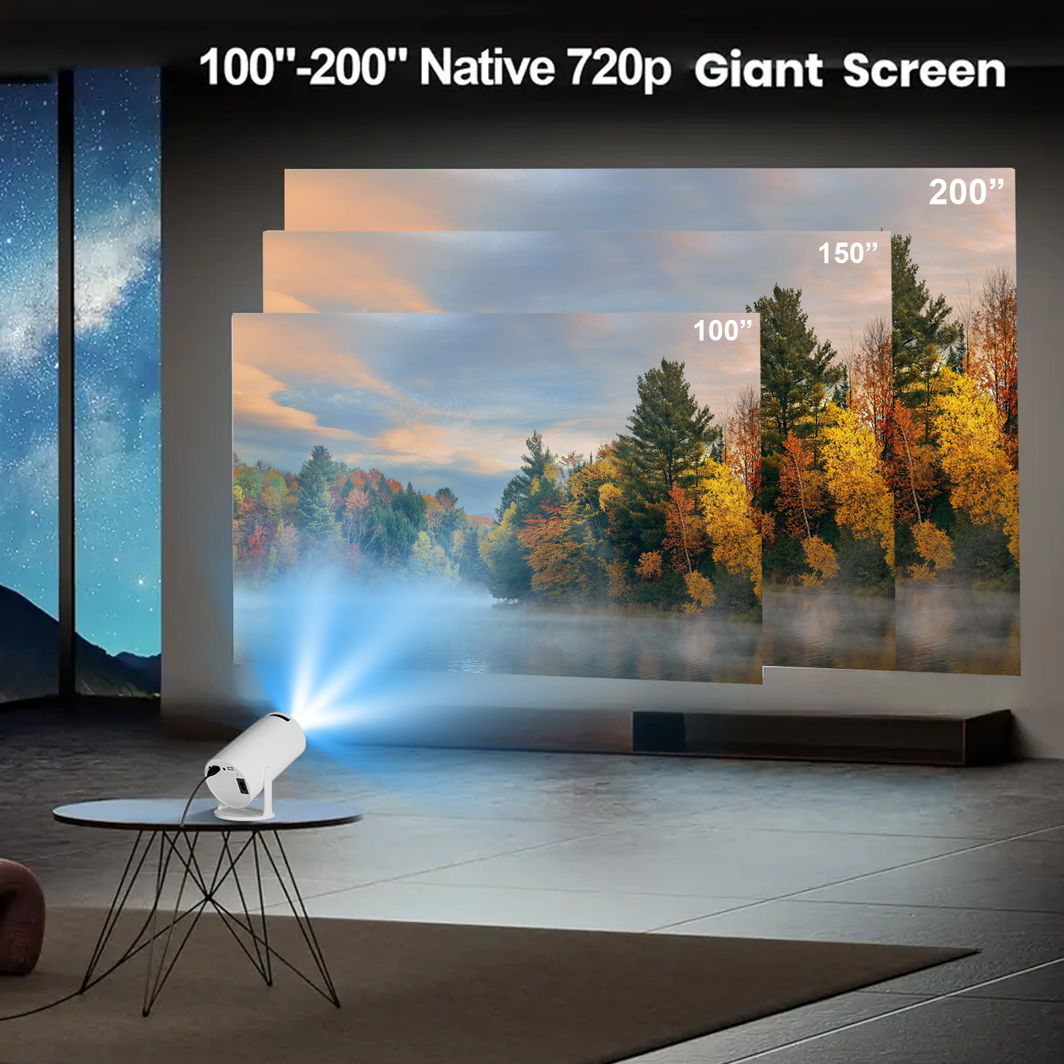 Intelligent high-definition projector, equipped with WiFi/BT5.0/Android system, supports 4K native/720P, 180 degree rotation, su