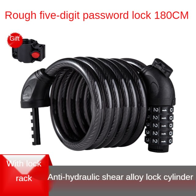 Mountain Bike Bicycle Lock Electric Stainless Steel Password Fixed Portable Anti-Theft Steel Wire Chain Lock: Rough password lock 180cm with lock rack  five digit password