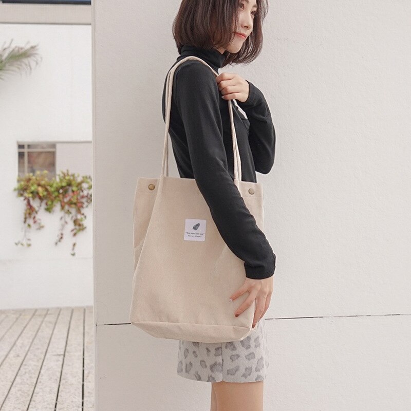 Women Corduroy Canvas Shoulder Bags Female Eco Cloth Handbag Tote Grocery Reusable Foldable Shopping Bag Cotton Lining Pouch: Beige