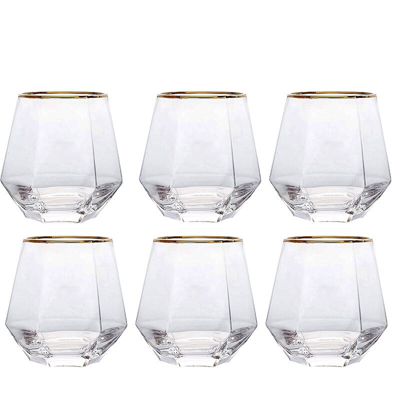 Taza de cristal con diamantes para el hogar, vaso de cristal pintado en oro con seis bordes