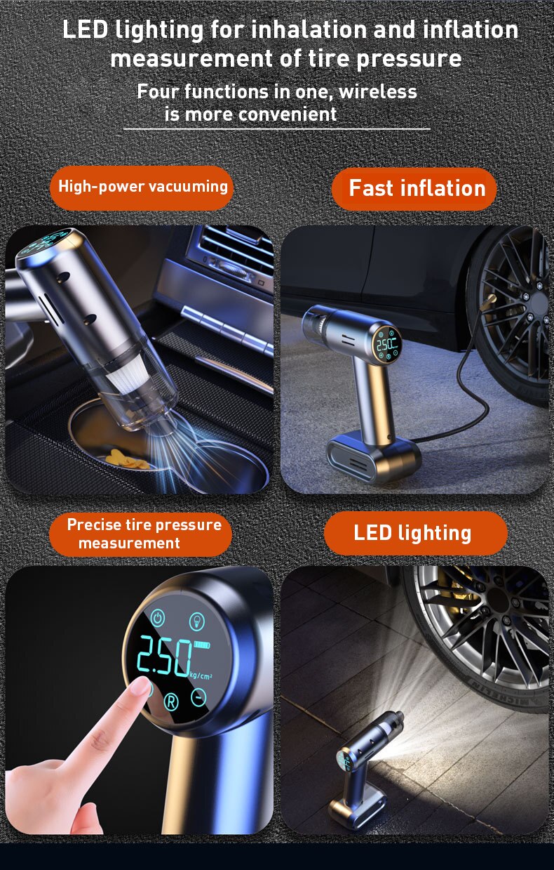 4 in 1 Portable Car Vacuum Cleaner with Air Compressor Pump 12V Tire Inflator for Cars High Power Handheld Car Vacuum with LED