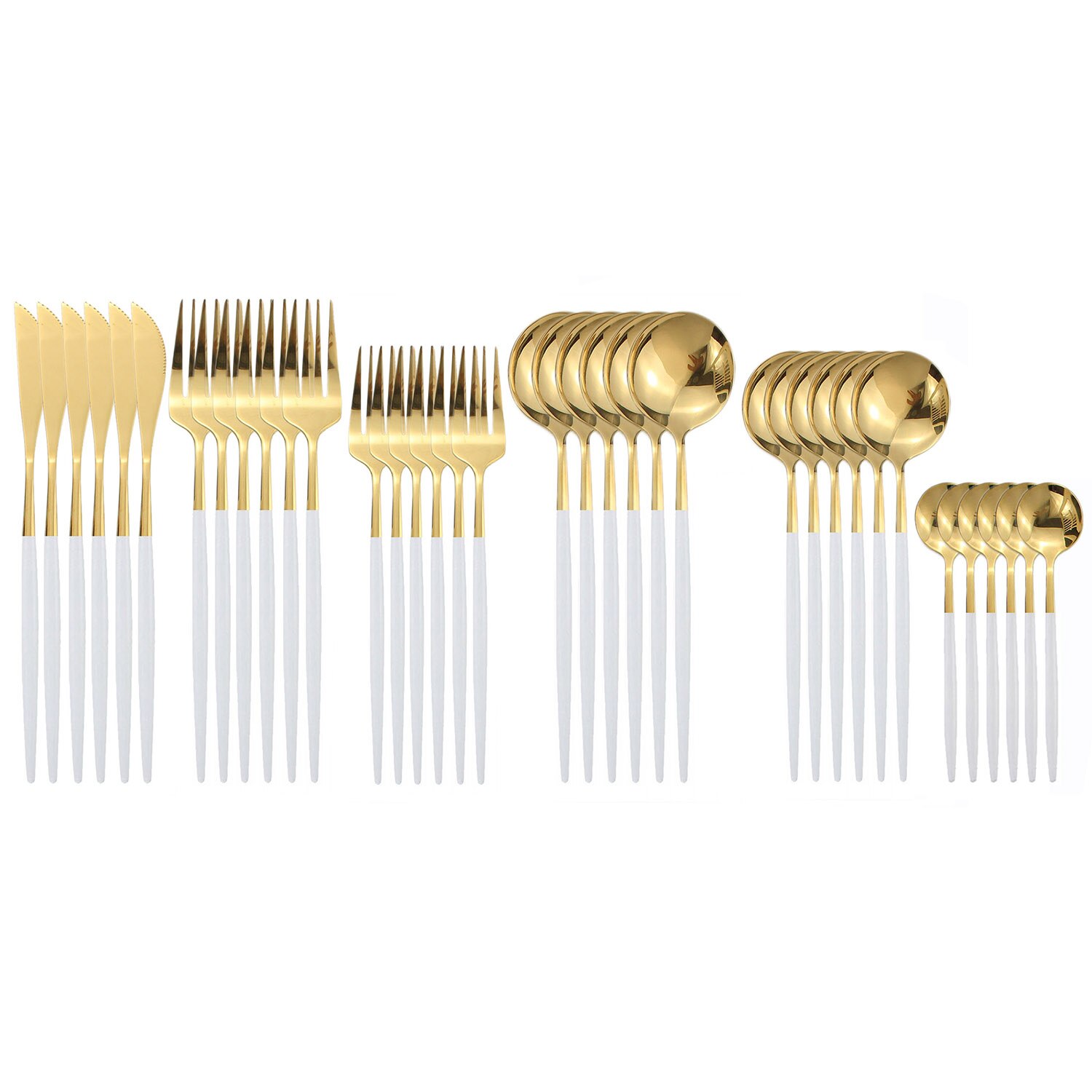 36Pcs Zwart Goud Servies Set Gouden Lepels Vorken Messen Bestek Sets Roestvrij Staal Slverware Midden Mes Vork Eetlepel: 36pcs White Gold