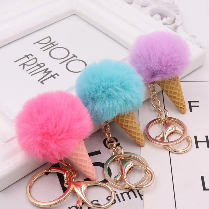 Cute ice cream Keychain Glitter Pompom Key Chain for Women Llaveros Mujer Car Bag Accessories Key Ring Wedding Souvenir