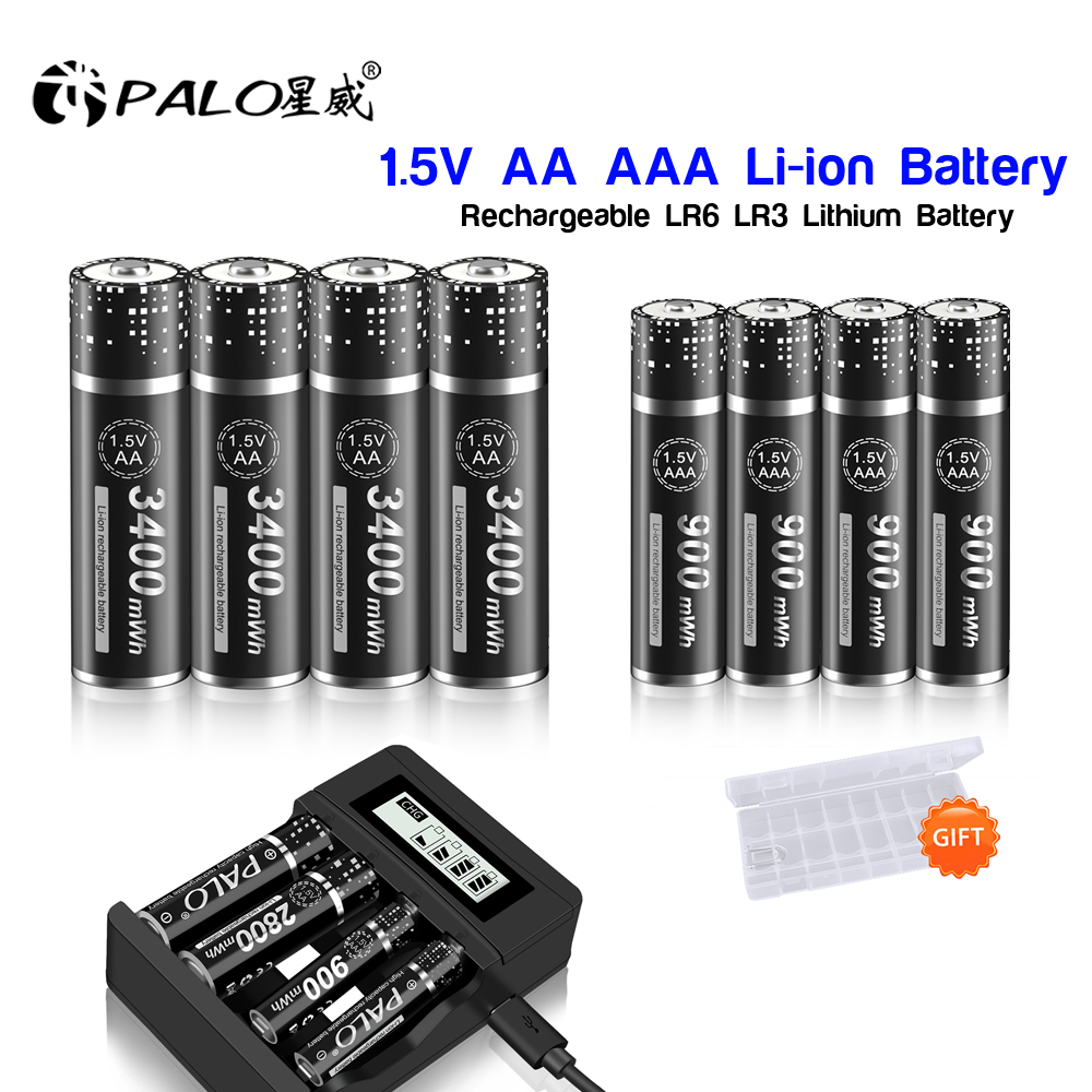 PALO-batería recargable de iones de litio, pilas AA y AAA de 1,5 V, R6, R3, cargador inteligente LCD de 4 ranuras