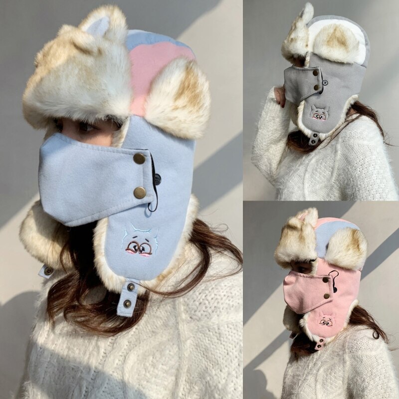 Damska czapka zimowa z pluszową wyściółką ciepła czapka traperska z maską kocie uszy nauszniki Y1QD