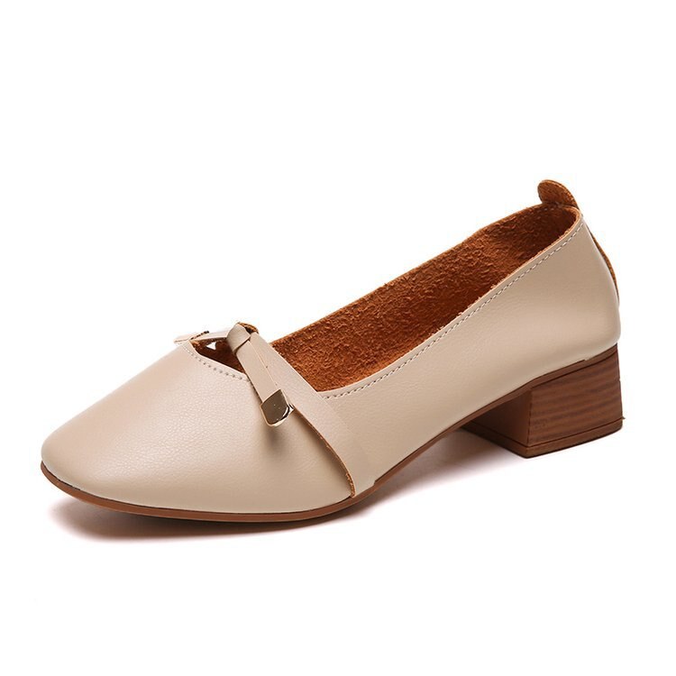 Vår höst fritidsskor rosett knut fyrkantig mellanklack kvinnor skor kvinna slip on rund tå dam skor plus size: Beige / 6