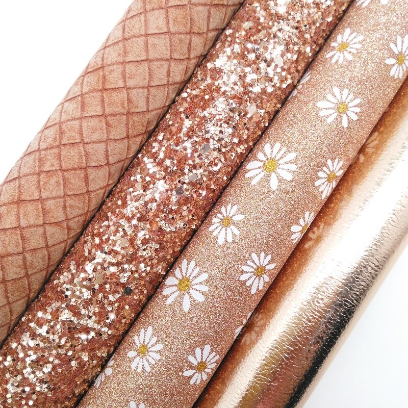 Rose Gold Chunky Glitter Leer, Daisy Gedrukt Glitter Stof, metallic Snake Faux Leather 21X29Cm Twinkling Ming KM466