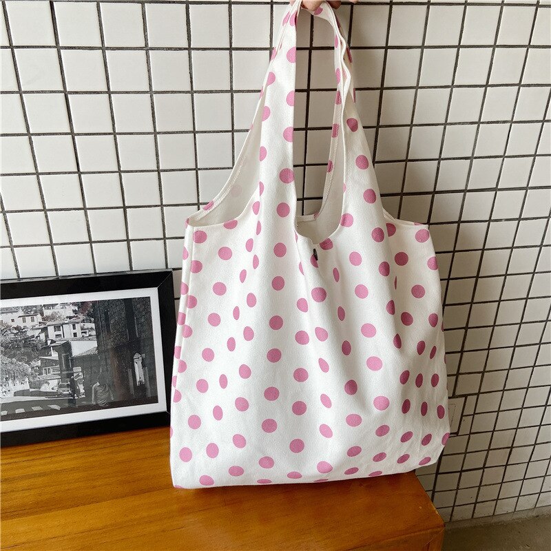 Retro Polka Dot mujeres bolsos de lona estudiante Simple hombro bolsa Vintage de mujer playa Casual bolso bolsas de compras: pink