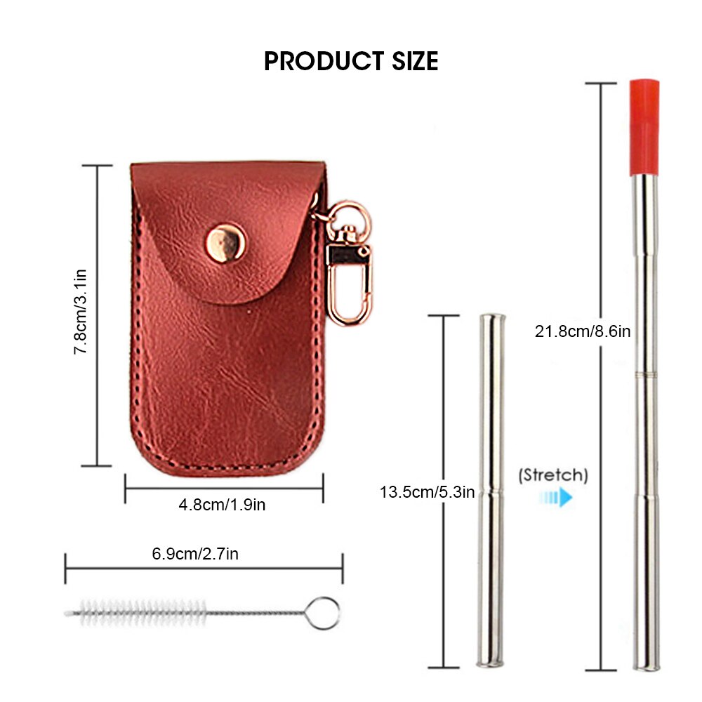 Portable Stainless Steel Reusable Metal Straw Portable Collapsible Foldable with Case Cleaning Brush Bar Drinking Accessories: brown