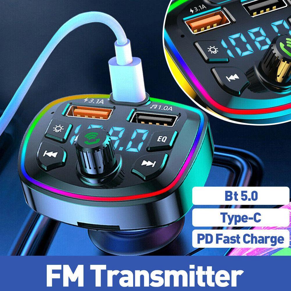 Auto Fm-Zender Bluetooth 5.0 Handsfree Pd 20W Qc3.0 Snellader Mp3 Modulator Speler Audio-Ontvanger Met Kleurrijke Lichten