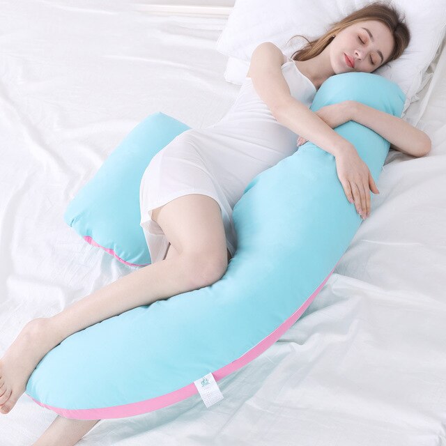 Graviditet pude u form moderskab krop talje mave støtte side sovekabine pude bomuldsprint pude multifunktions sengetøj: Blå