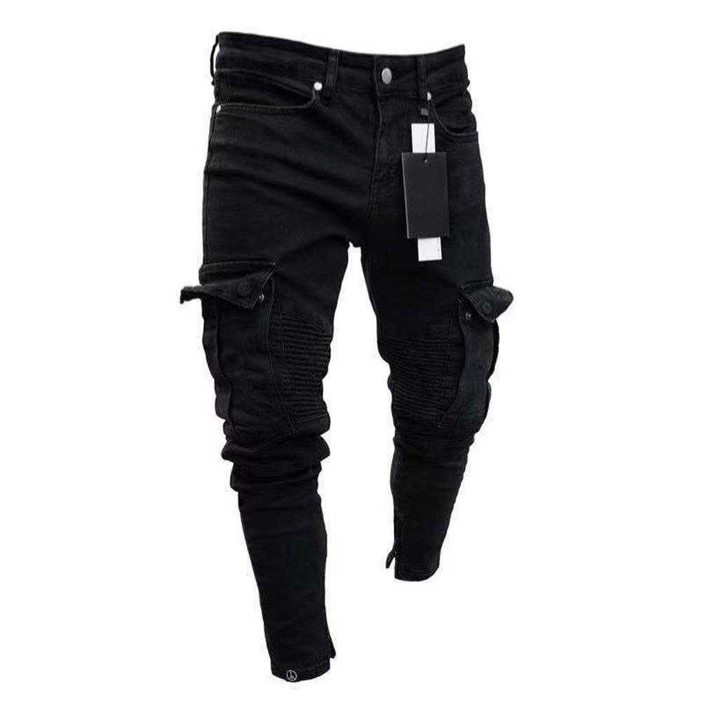 Black Jean Men Denim Skinny Biker Jeans Destroyed Frayed Slim Fit Pocket Cargo Pencil Pants Plus Size S-3XL