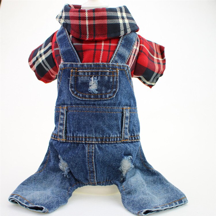 Teddy bichon hund firbenet stort plaid denim jumpsuit kæledyrstøj forår og efterår vintertøj: -en / Xs
