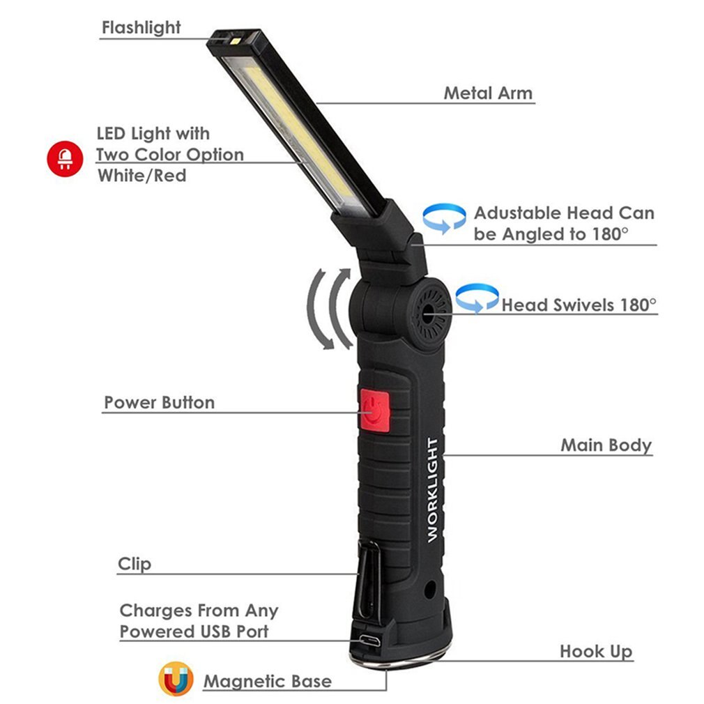 LED Work Light USB Rechargeable Flashlight Magnetic Torch Flexible Inspection Hand Lamp Worklight Outdoor Spotlight