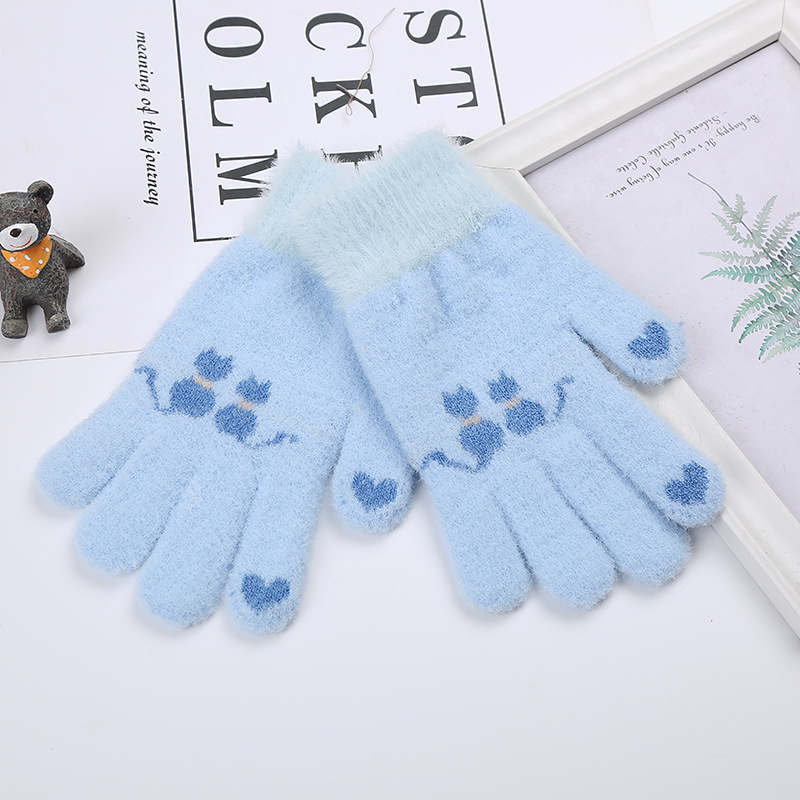 Wecute Child Gloves Junior High School Students Warm Gloves Outdoor Cycling Kawai Cat Plush Thickening for Boys Girls Best: Blauw