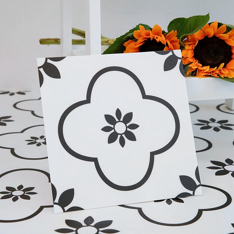 Schil En Stok Vloertegel, Zwart En Witte Bloem Pvc Vloeren, Zelfklevende, Waterdicht Tegel, 12X12 Inch, Pak Van 10