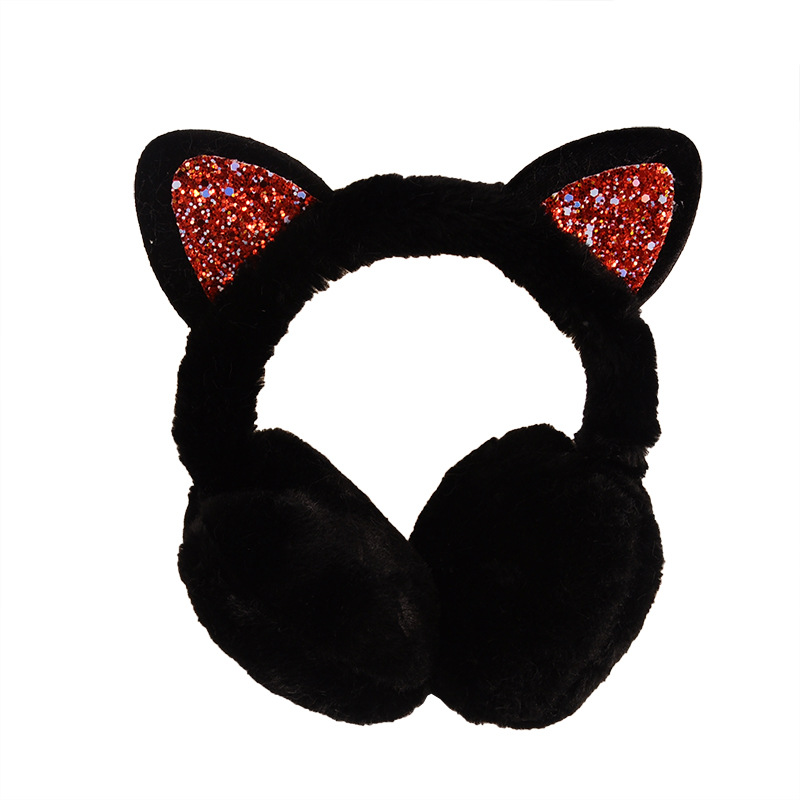 Earmuffs orelhas de gato brilhante earmuffs pelúcia inverno bonito glitter sequinear aquecedores earmuffs proteção fria macio earmuffs: Preto