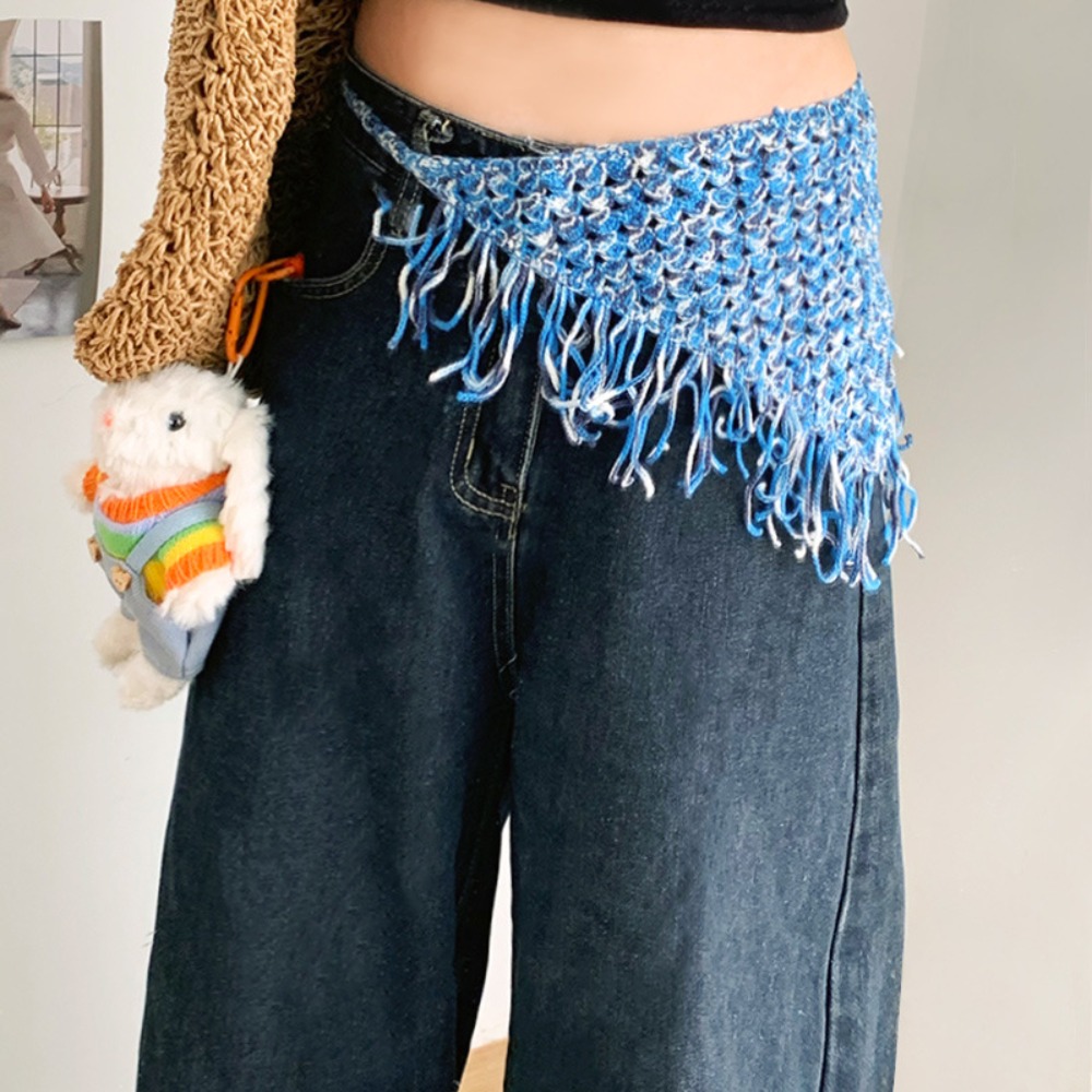 Turbante bohemio para mujer, pañuelo triangular tejido para la cabeza, chal colorido, delantal envolvente con bufandas con flecos, banda para la cintura de estilo étnico: Azul cielo