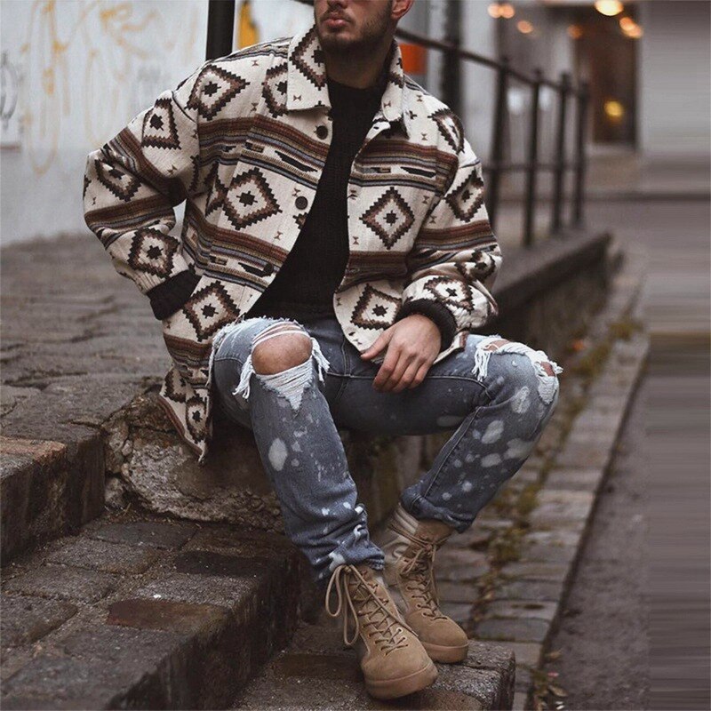 Mænd jakke etnisk stil print langærmet jakke afslappet trend herre vinterjakker og frakker afslappet overfrakker streetwear