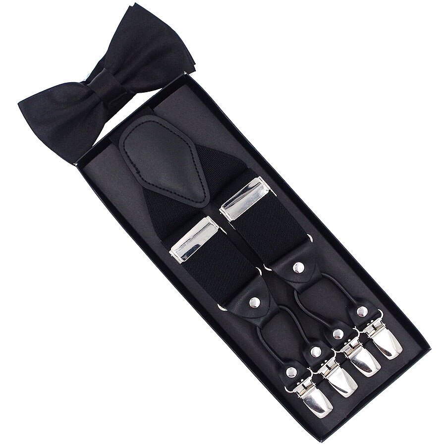 JIERKU Suspenders Set Man&#39;s Braces with Bow Tie 6 Clips Suspensorio Trousers Strap Father/Husband&#39;s TZBD001