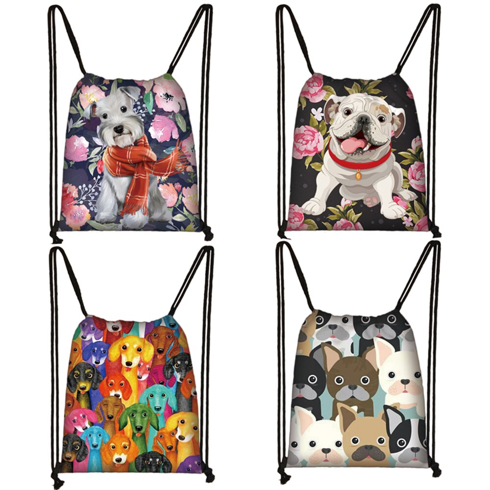 Sac à dos à cordon pour femmes, sac à dos de voyage pour adolescentes, chien du Yorkshire Terrier/bouledogue français/teckel