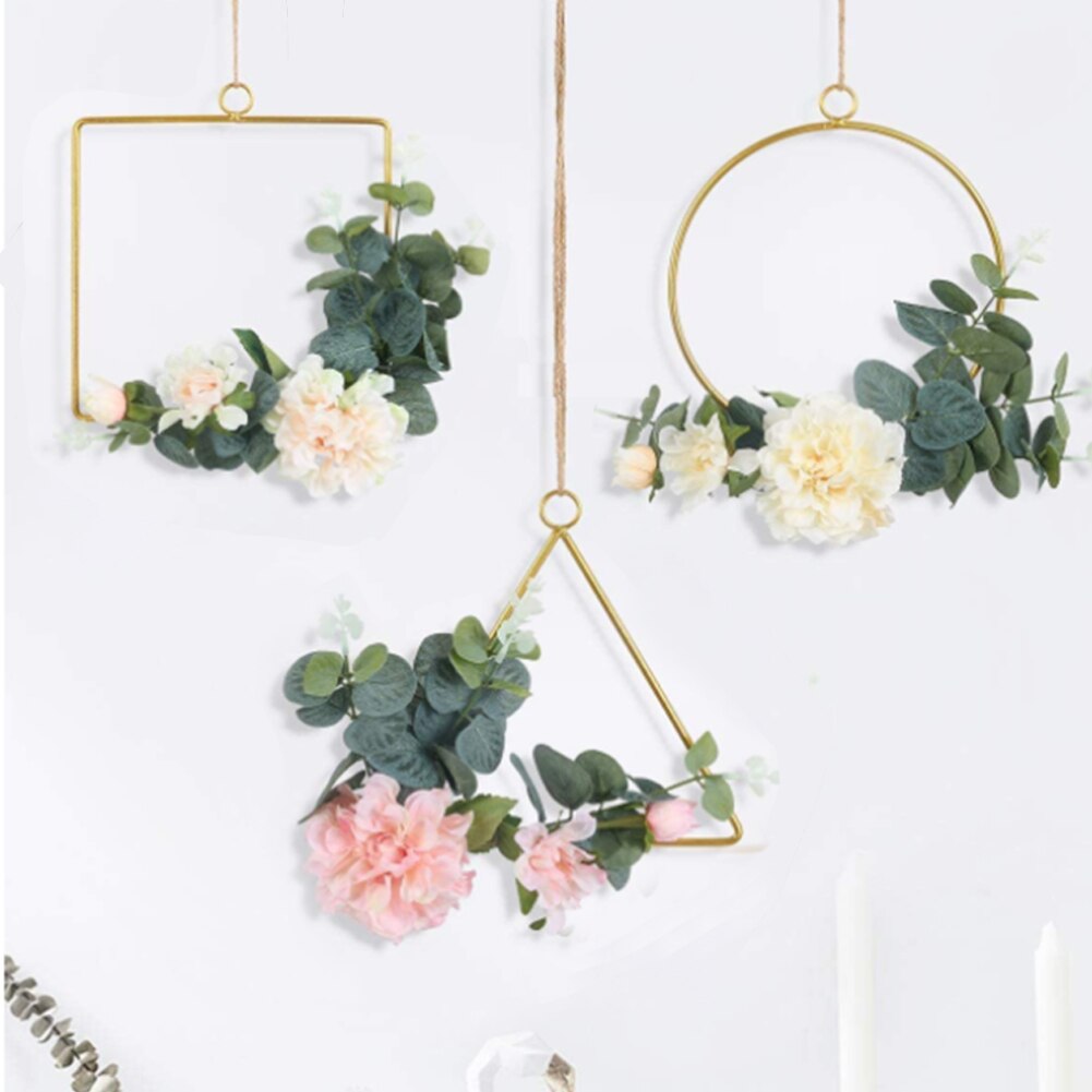 3PCS Cilected Flower Hanging Hoop Wreath Geometric Round Triangle Square Frame Artificial Flower For Wedding Backdrop Wall Decor