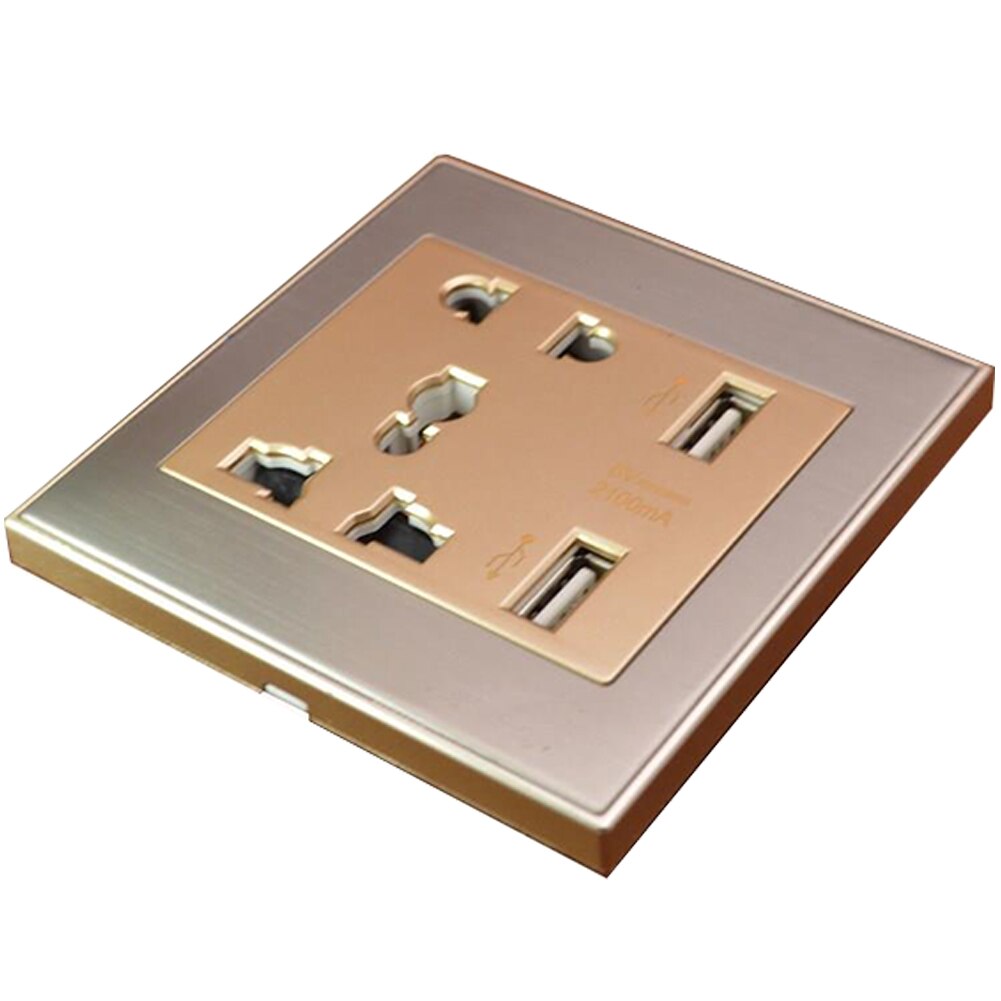 Dual USB Port Wall Socket 5 Hole Square Socket Multi Function Home Socket Panel Switch Panel Home Accessory: Gold