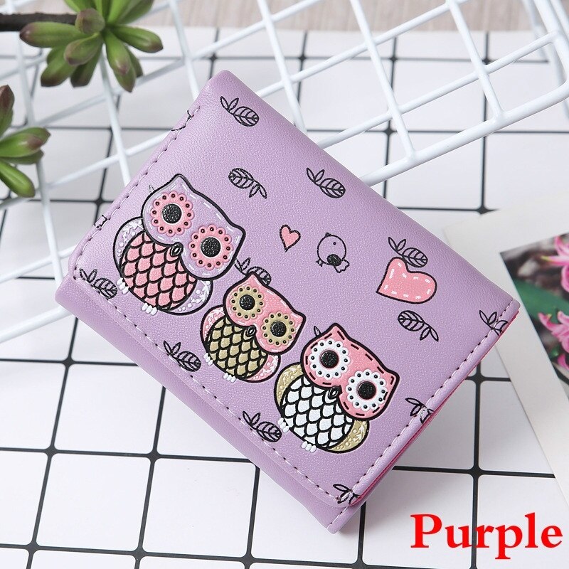 Women Cute Mini Wallet Owl Pattern Coin Purse Students PU Leather Card Bag womens wallets and purses: Purple 