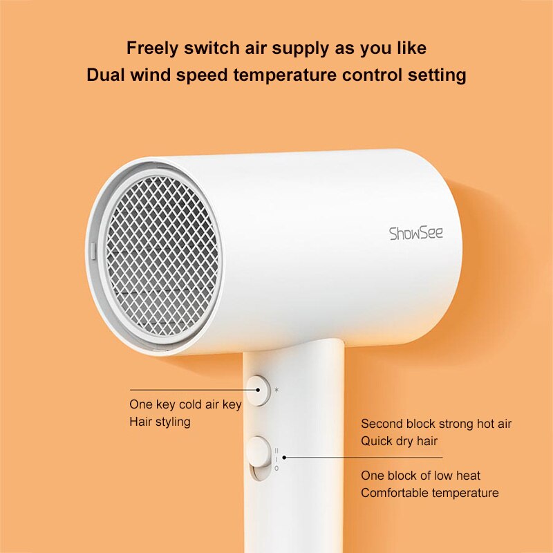 SHOWSEE A1-W Anion Hair Dryer Negative Ion hair care Professinal Quick Dry Home 1800W Portable Hairdryer Diffuser