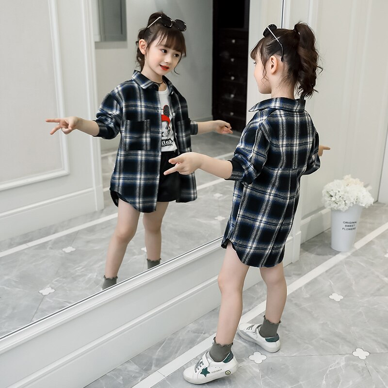 Camisa larga para niñas, ropa informal para primavera y otoño, Blusa de algodón a cuadros, camisas de manga larga para niños de 6, 8, 10 y 12 años