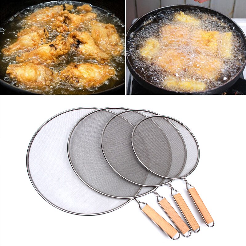 Stainless Steel Splatter Screen Mesh Pot Lid Cover Silver Oil Frying Pan Lid with Wooden Handle Cooking Tool Kitchen Accessories
