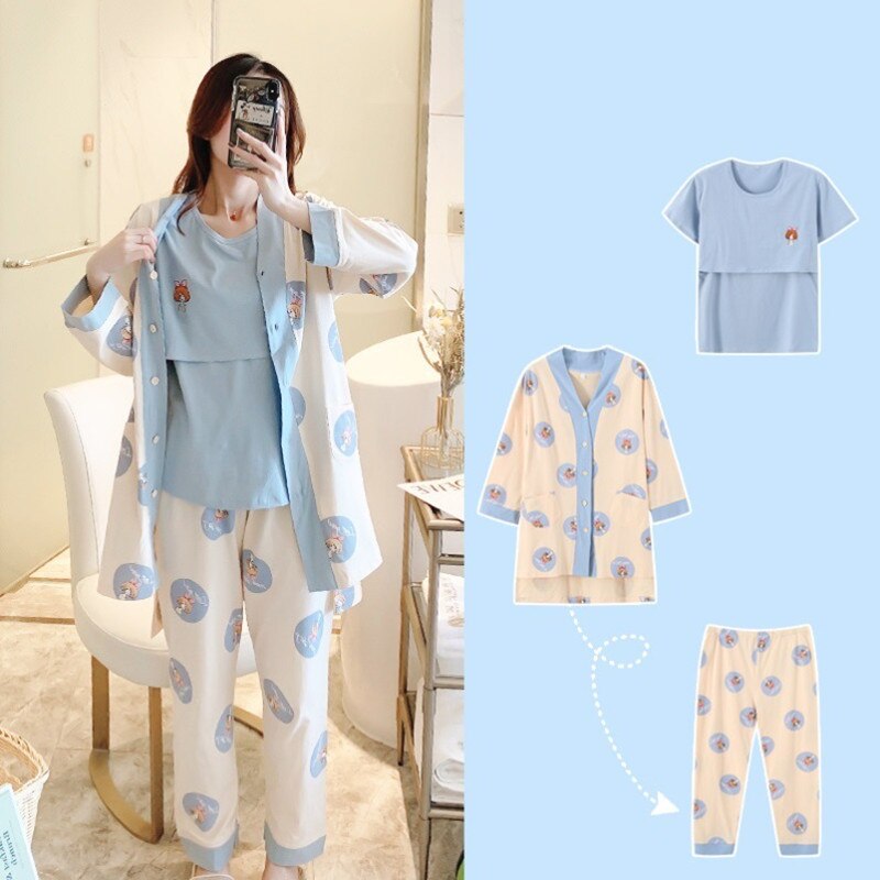 3 stuks zwangerschapskleding, nachtkleding, borstvoedingslounge, pyjama voor zwangere vrouwen, katoenen pyjama's