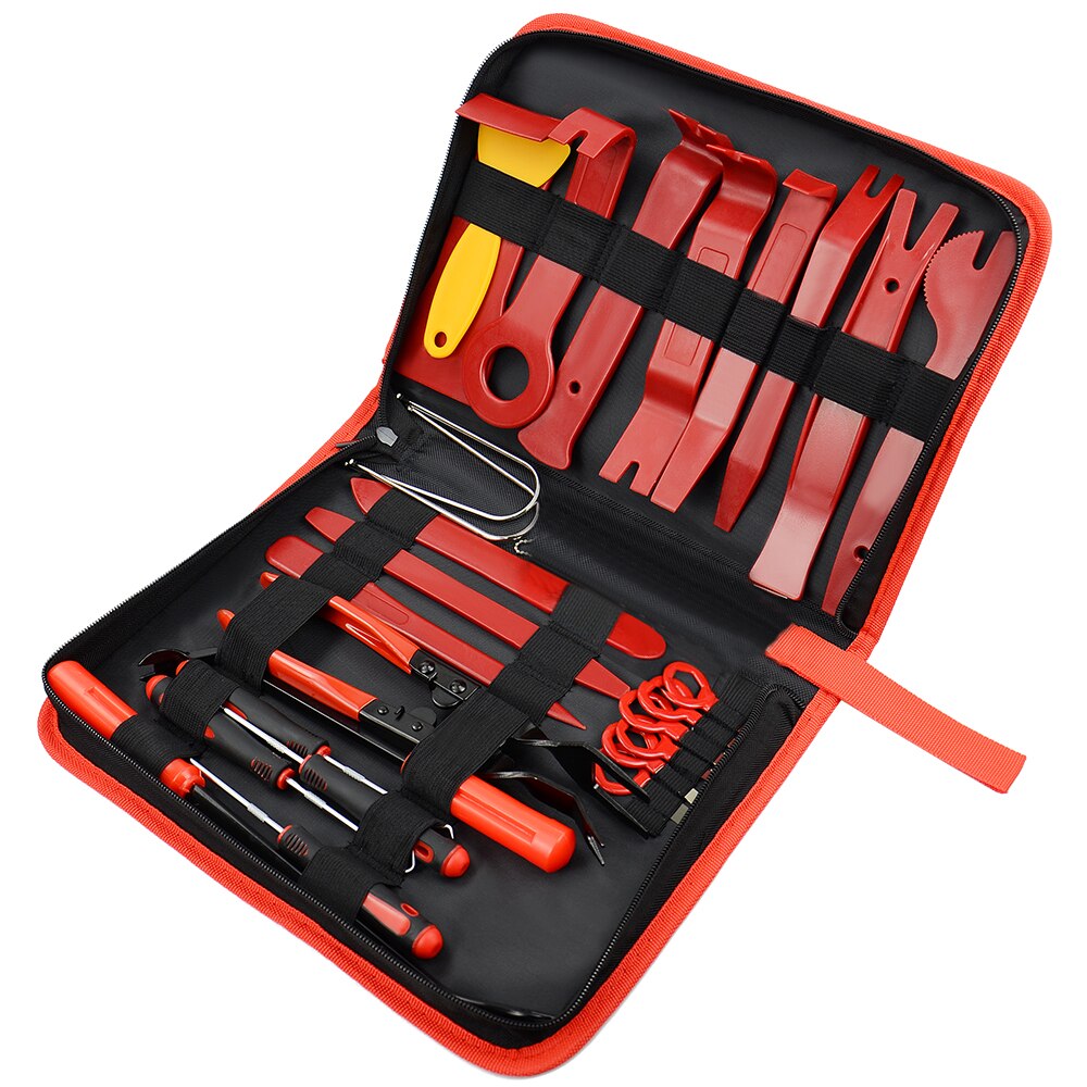 Red Car repair Auto Car Door Panel Remover Clip Trim Auto Fastener Pliers Puller Tool Retaining Clip Remover Pry Bar Tool: 27pcs Removal