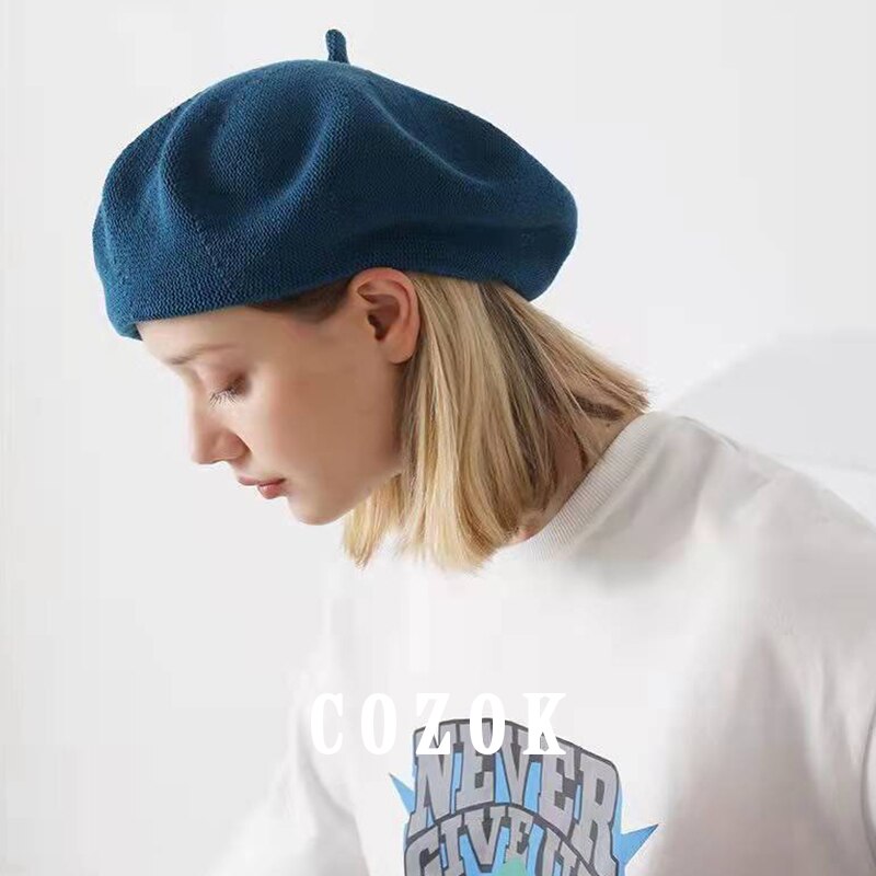 Boinas de punto para mujer, boina a la , suave, Flexible, sólido, cálido, Vintage, para invierno: Azul