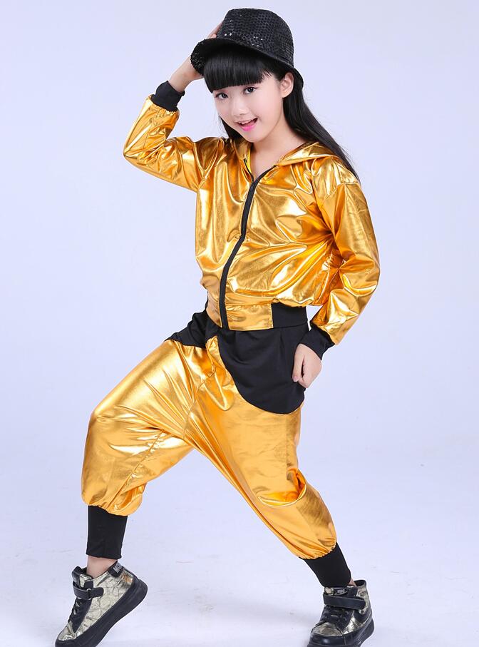 Mädchen Jungen Gold Silber Ballsaal Jazz Hüfte hüpfen tanzen Wettbewerb Kostüm Art Kleidung Kleidung Hoodie Shirt oben Hosen Tanzen Tragen: Gold A / 160
