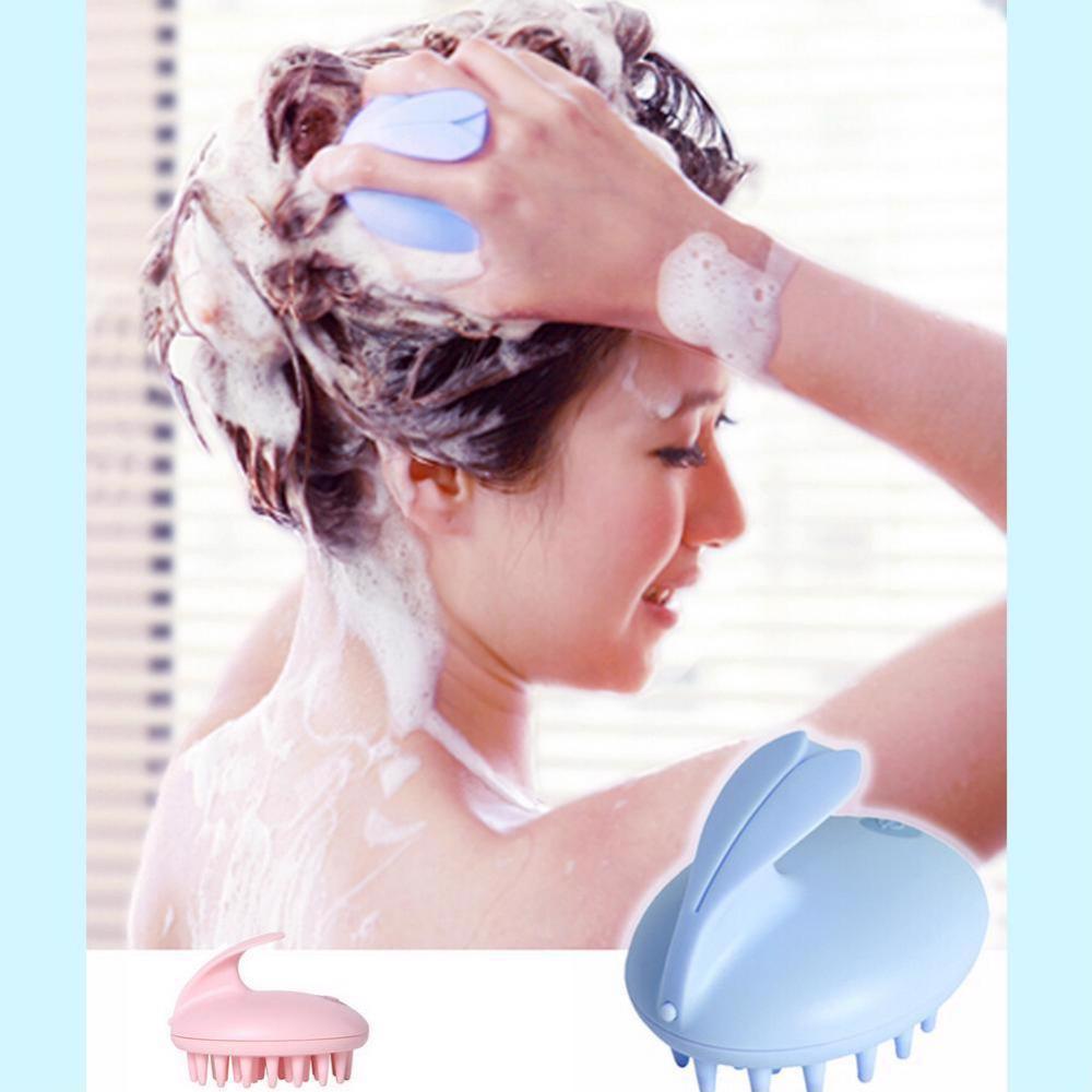 Siliconen Shampoo Hoofdhuid Borstel Douche Body Wassen Haar Massage Massager Brush Kam Shampoo Massage Borstel: Rabbit blue