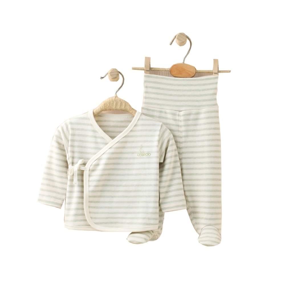 COBROO 100% Katoen Pasgeboren Baby Pyjama Set met Gestreept Patroon Lange Mouwen Baby Kimono Broek Set 0-3 Maanden
