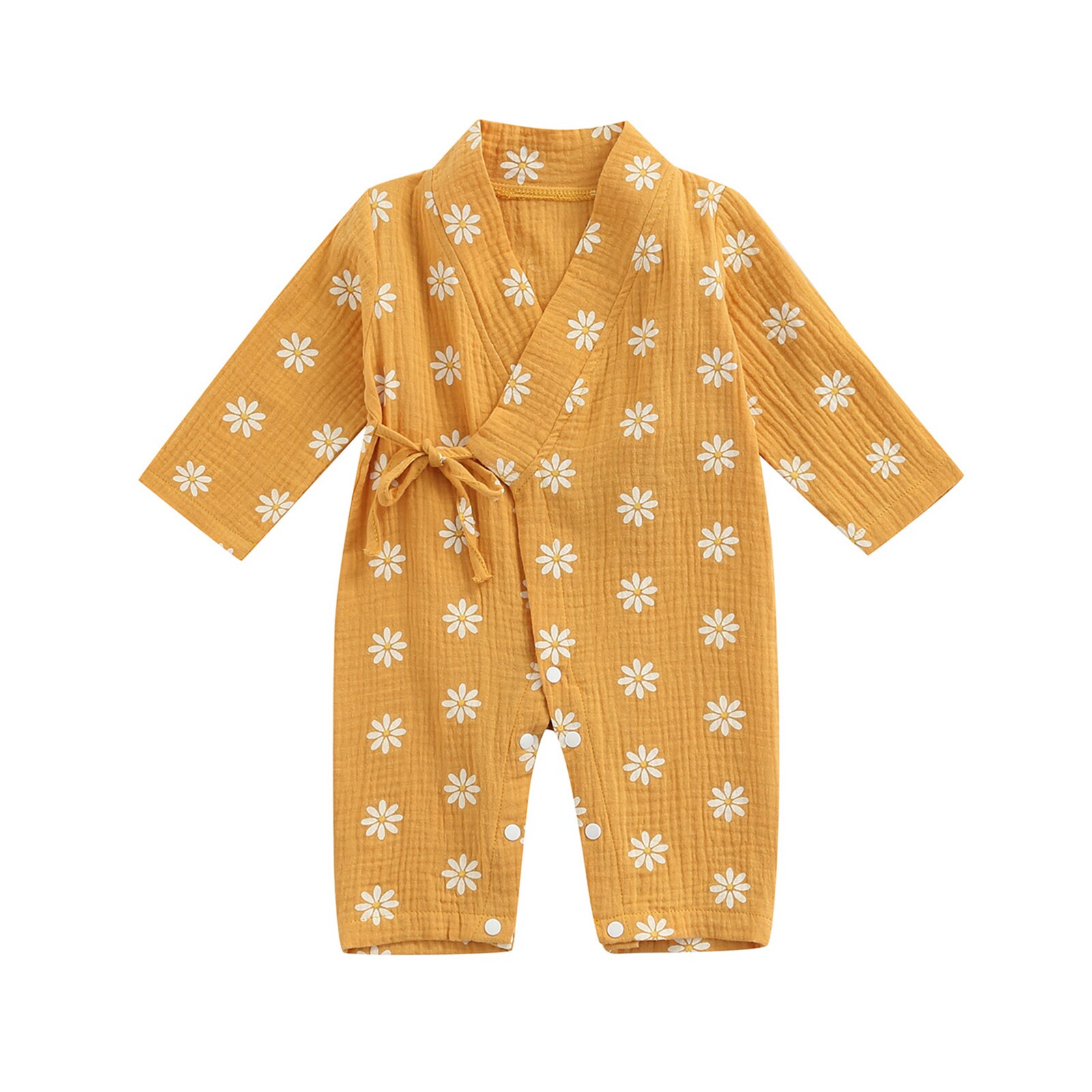 Pasgeboren Baby Meisjes Jongens Romper Gewaad Nachtkleding Katoen Linnen Casual Lange Mouw V-hals Peuters Kruis Knop Print Jumpsuit: YELLOW / 24M