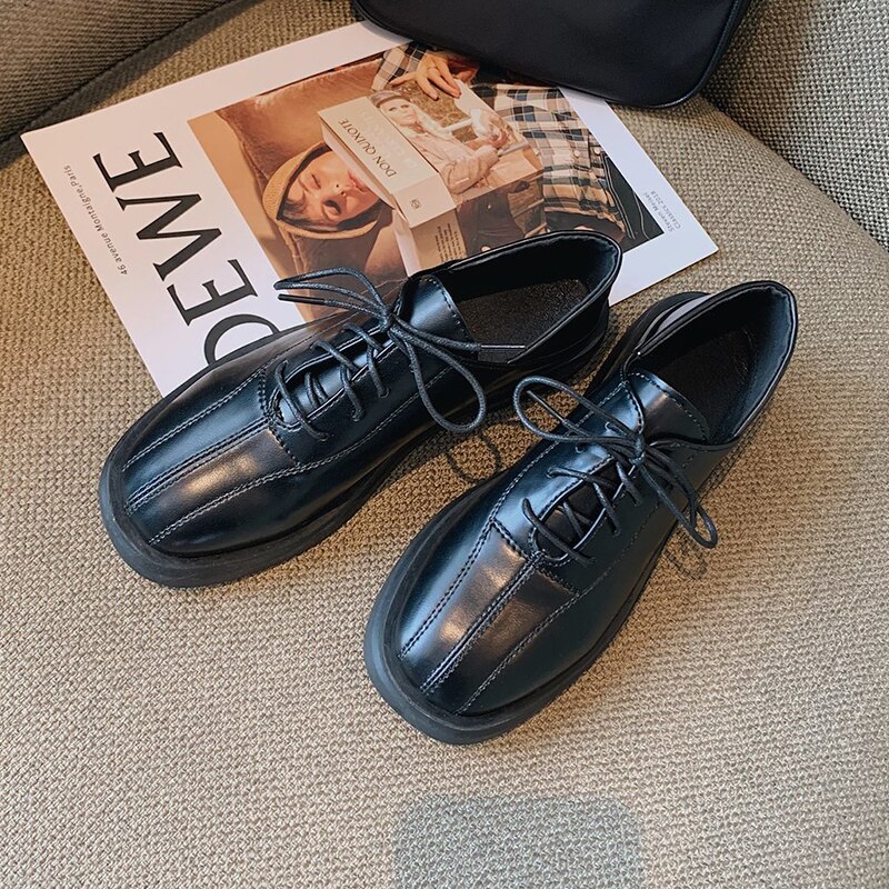 Noir Beige Oxford chaussures pour femmes printemps été décontracté mocassins en cuir synthétique polyuréthane Vintage à lacets plate-forme chaussures mocassins