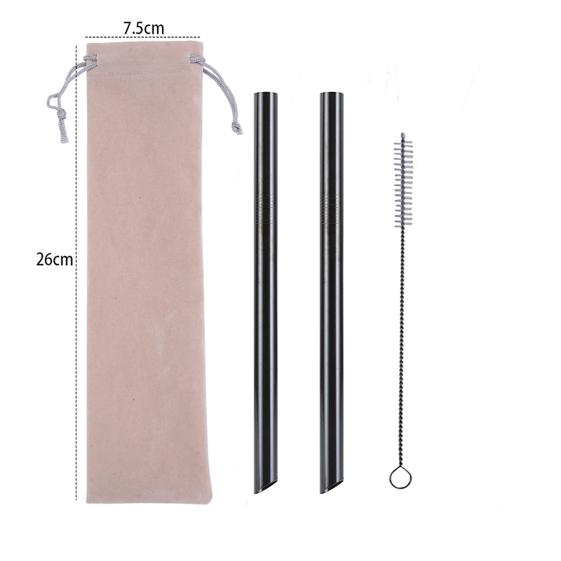 2Pcs Metall Wies Ende Stroh + 1Pc Pinsel Regenbogen Trinkhalme Wiederverwendbare Strohhalme 12mm * 215MM mit Tragbaren Box Oder Tasche: Beige Bag Black