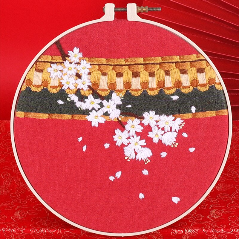 Chinese Flower Printed Embroidery kit with Hoop for Beginner Cross Stitch Needlework Swing Art Craft Painting Home Decor