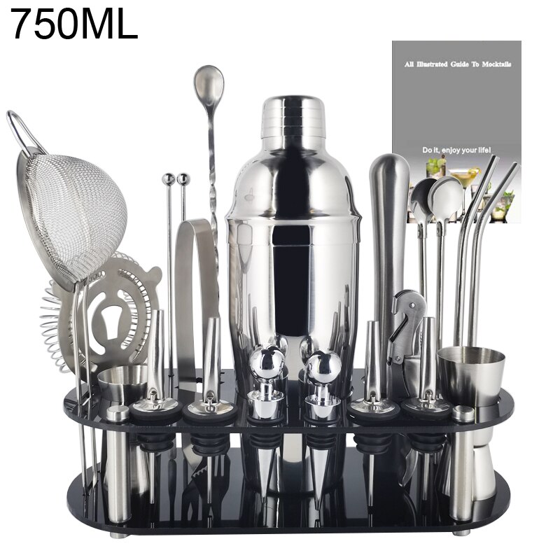 1-22Pcs Boston Cocktail Shaker Bar Gereedschap Wijn Mixer Set Barman Cocktail Shaker Tool Kit Schenker Jigger Warhoofd met Houder: 22 S 750ml Rack