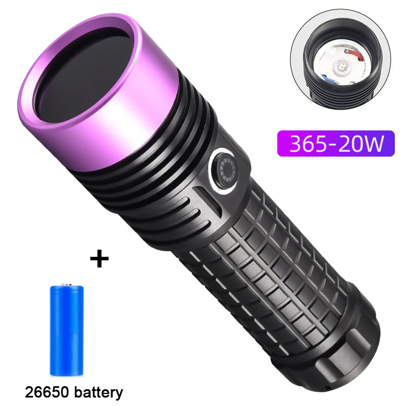 Kraftig 365nm uv-lommelykt svart speil lilla lys 60w fluorescerende oljeforurensningsdeteksjonslommelykt oppladbar 26650 lykter: Foranderlig