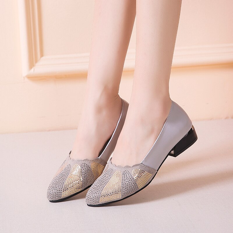 Plus Size 41 Bling Women Shoes Low Heels Dress Shoes Black Office Work Shoes Woman Shallow Single Shoes Gold Heeld Crystal N7855: Gray / 9.5