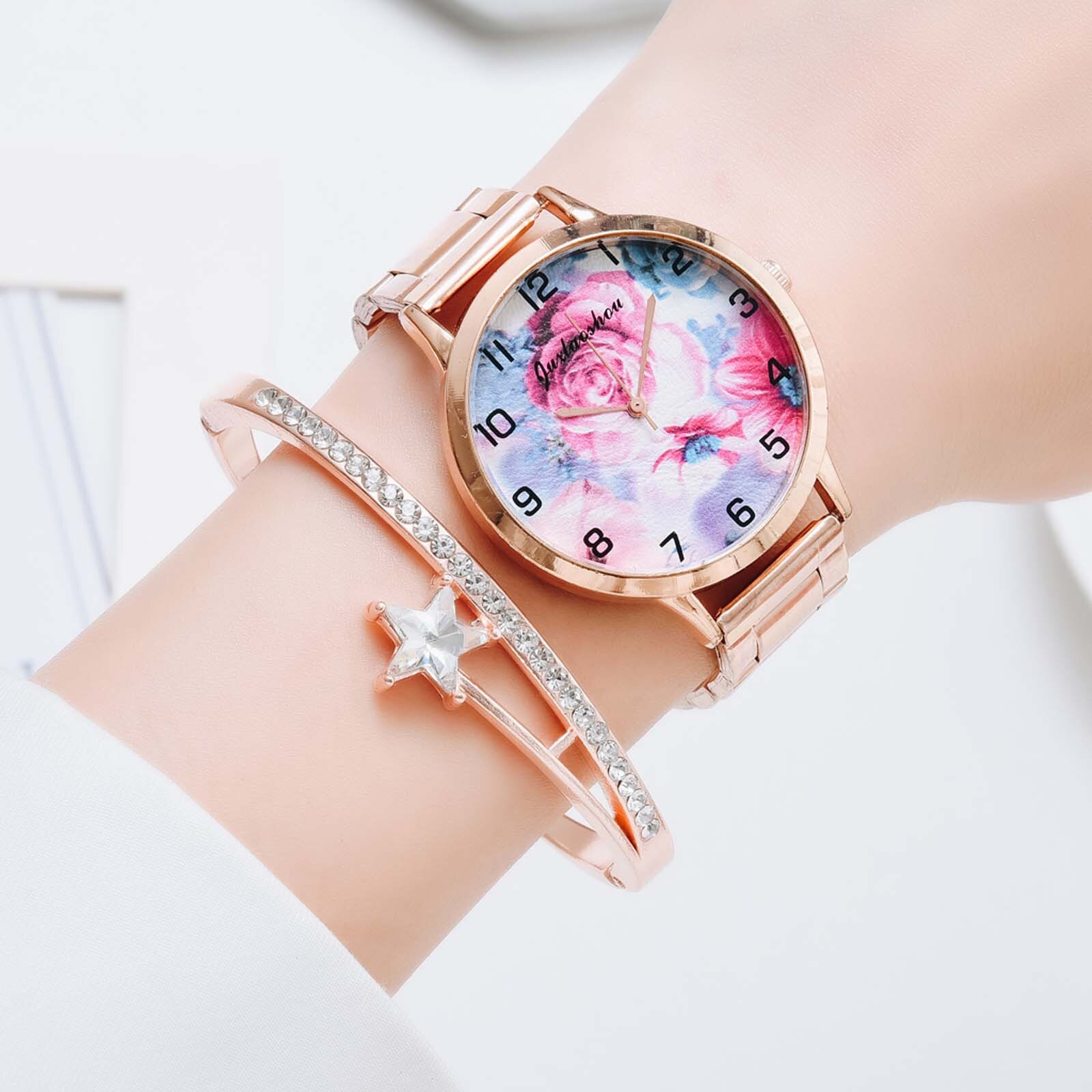 Dames Bloemen Stalen Band Armband Horloge Set Elegante Geometrische Armband Waterdichte Horloges Relogio Feminino