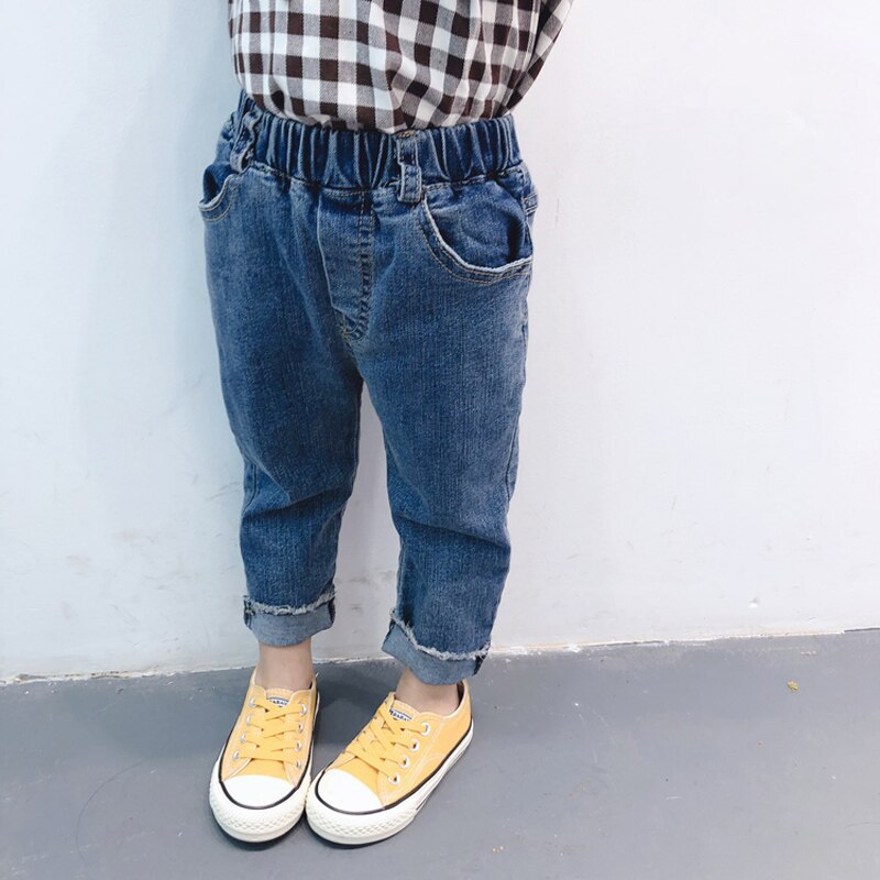 Våren barn flickkläder vilda lediga lösa jeans för barn flickkläder midja resår byxor baby tyg byxor: 3t