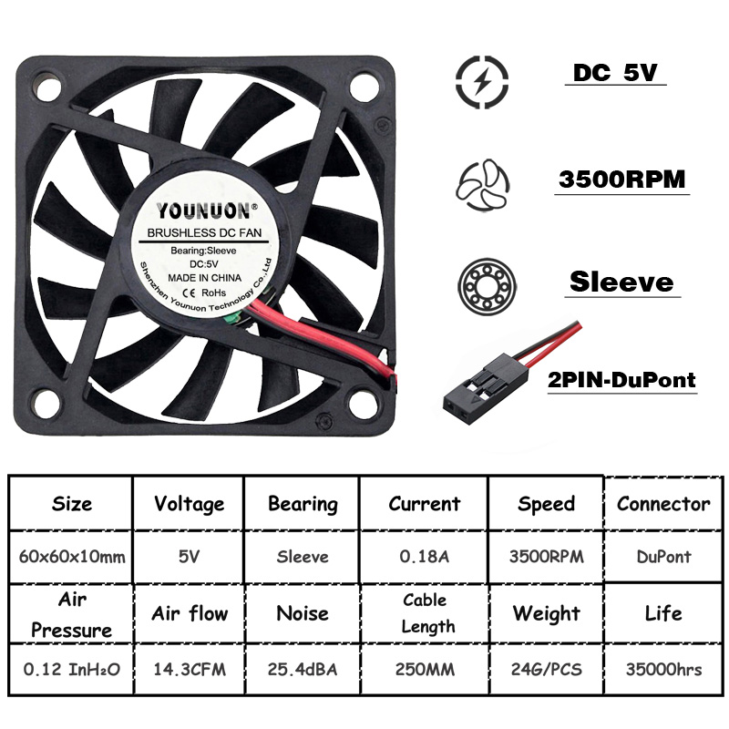 2 Stuks 5V 12V 24V 60Mm 6010 Dc Fan 60X60X10Mm 6cm Cooling Koeler Fan Computer Pc Cpu Case Cooling Kogellager Fan: 6010 5V Oil Dupont