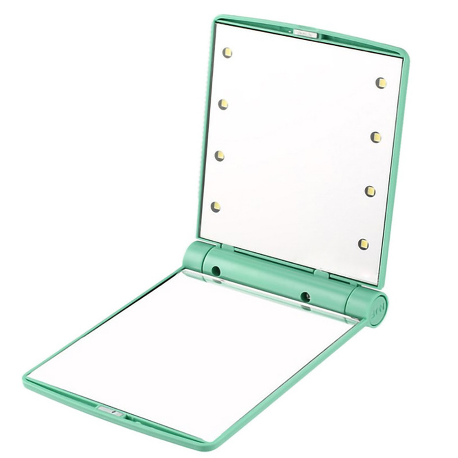 Espejo de maquillaje portátil con 8 luces LED para mujer, espejo cosmético de doble cara, espejo de bolsillo compacto plegable con lámparas, herramienta de belleza: 06 Green